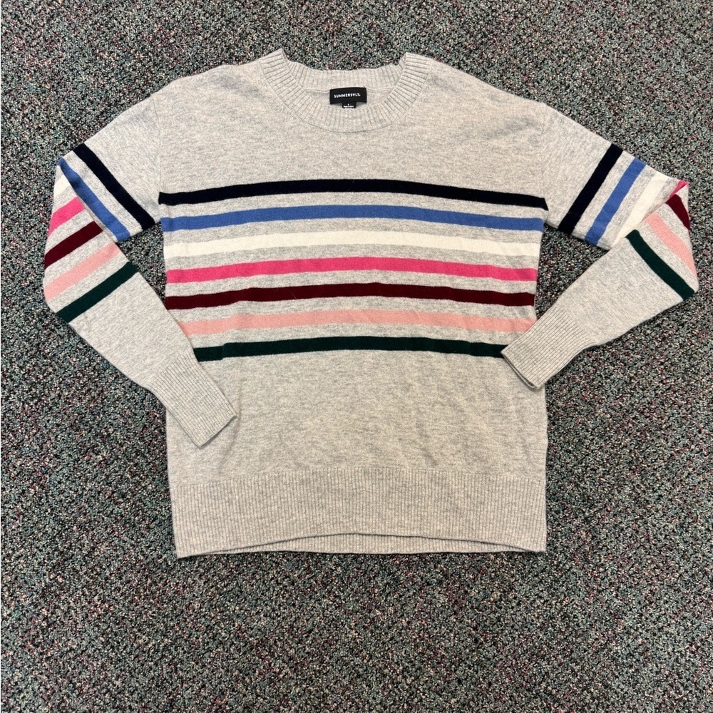 SUMMERSALT The Coziest Cashmere Blend Striped Crew-Rainbow Stripe on Wolf Size S - Picture 6 of 12